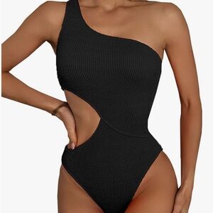 New Black Ribbed One Piece Swimsuit One Shoulder & waist Cutout